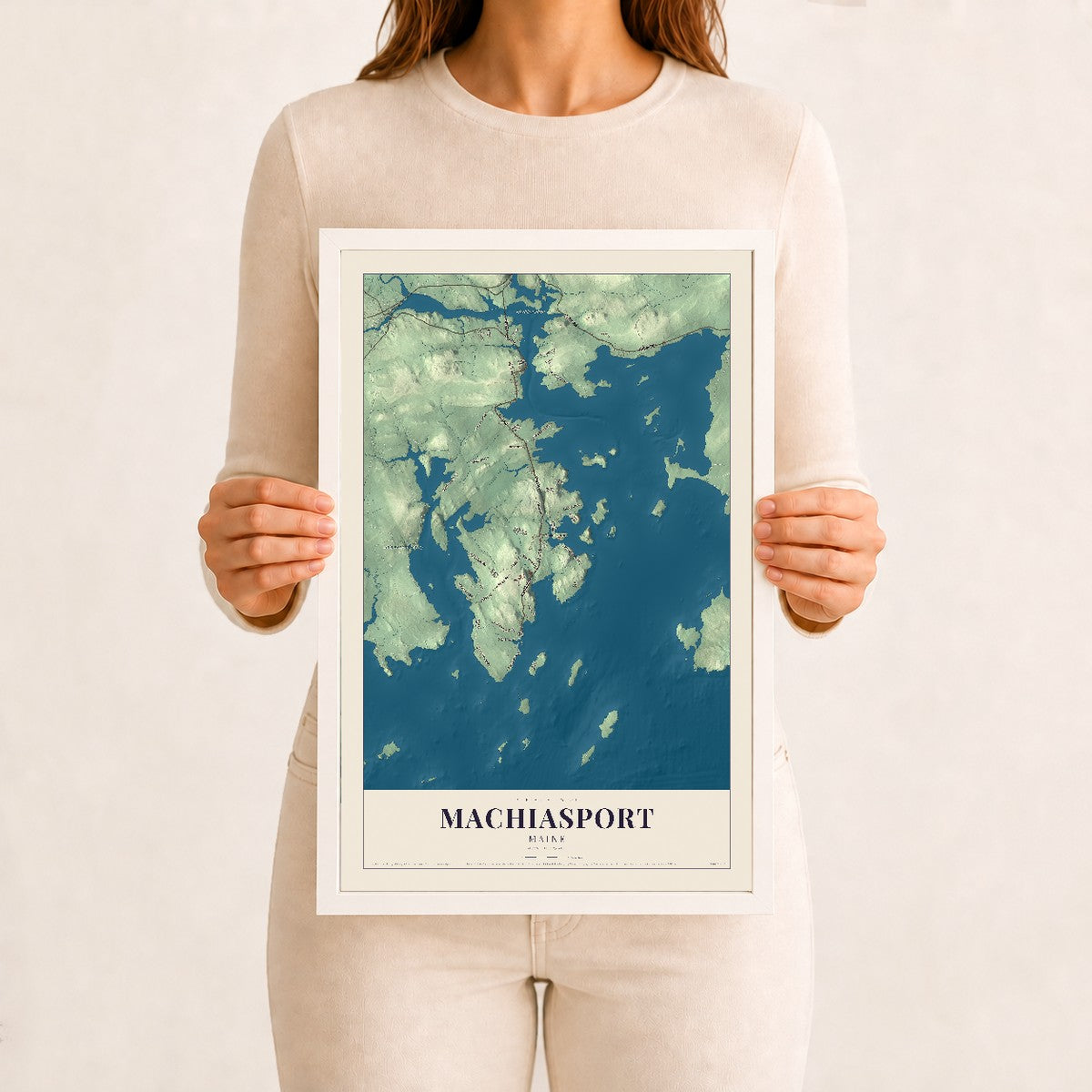 Machiasport, Maine map print - 12 x 18 white Ayous wood frame