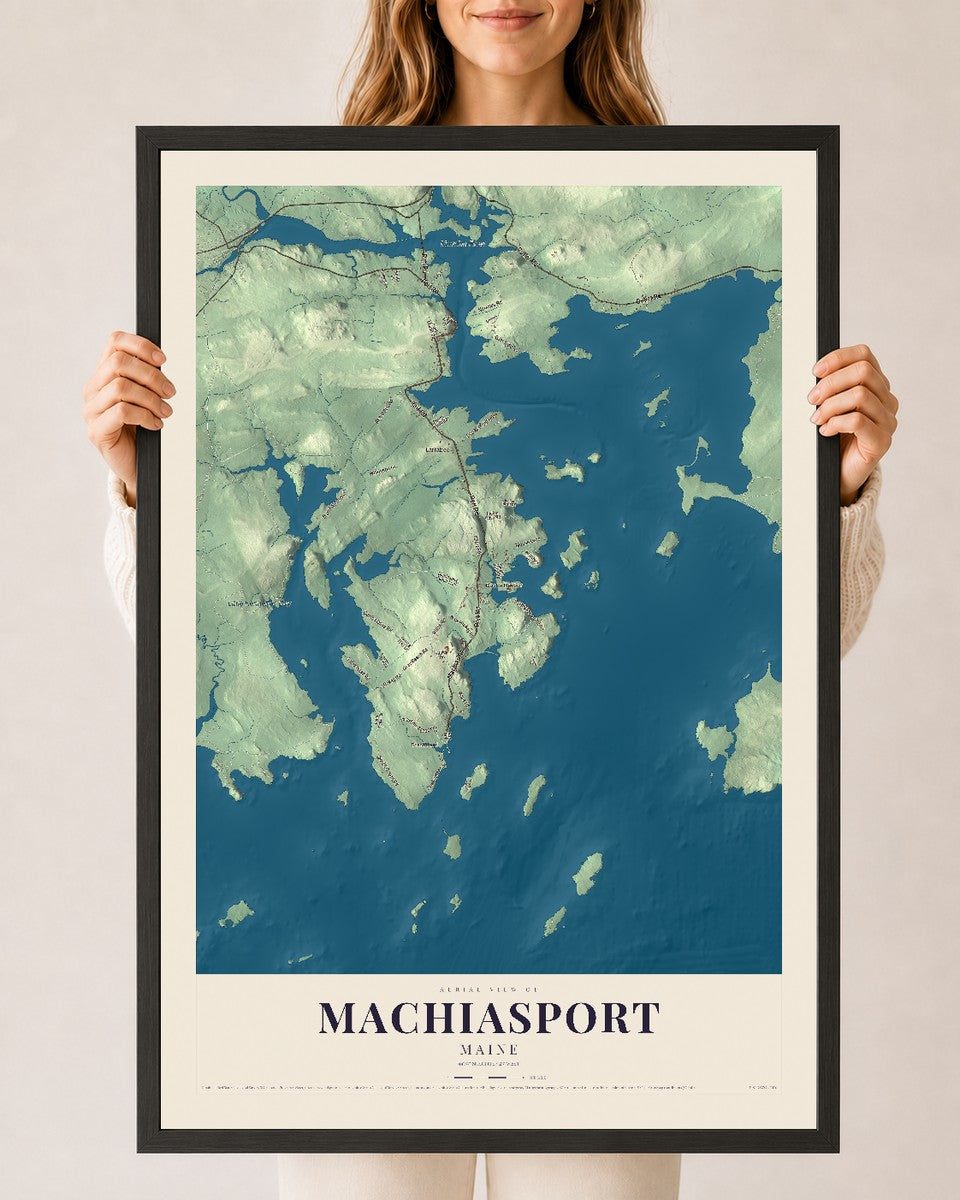 Machiasport, Maine map print - 24 x 36 black Ayous wood frame