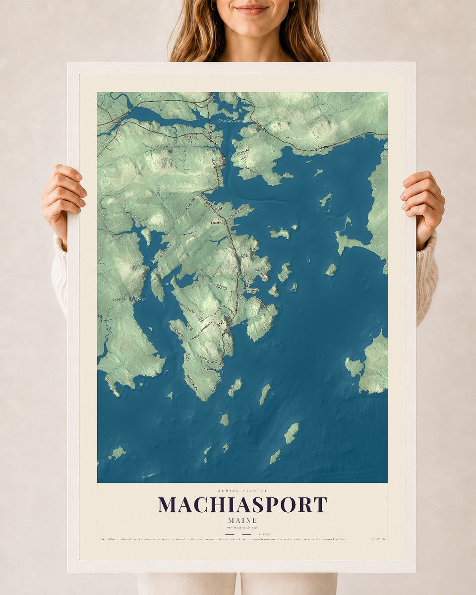 Machiasport, Maine map print - 24 x 36 white Ayous wood frame