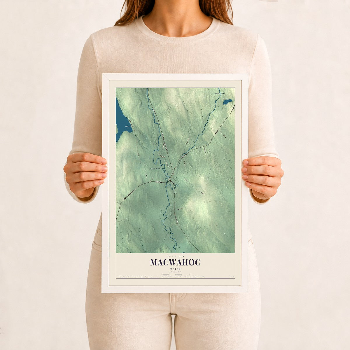 Macwahoc, Maine map print - 12 x 18 white Ayous wood frame