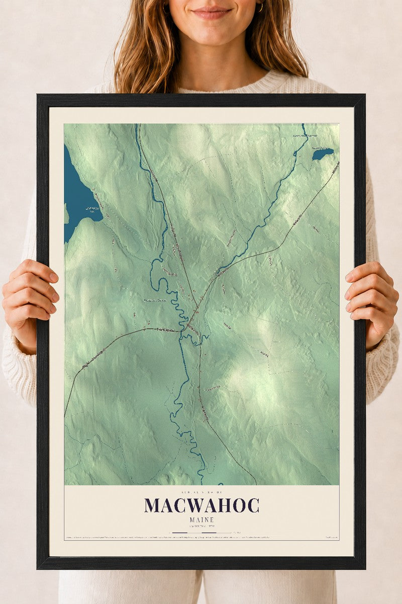 Macwahoc, Maine map print - 18 x 24 black Ayous wood frame