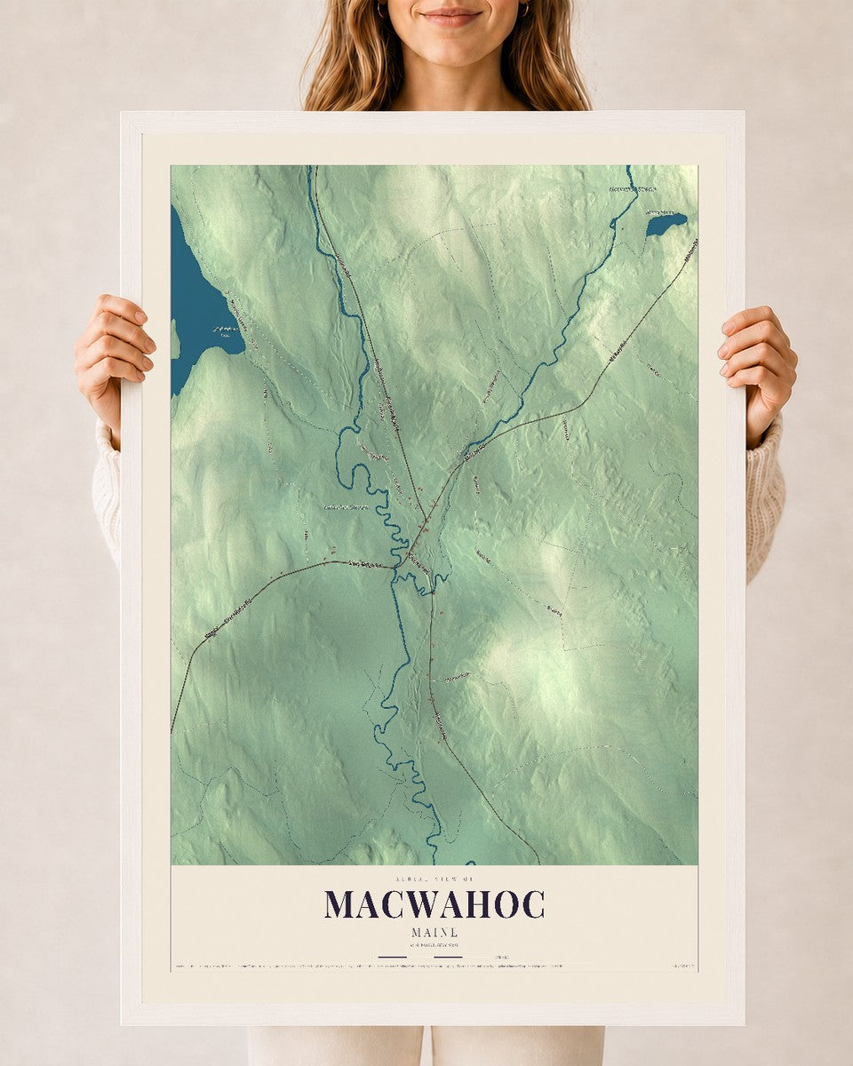 Macwahoc, Maine map print - 24 x 36 white Ayous wood frame