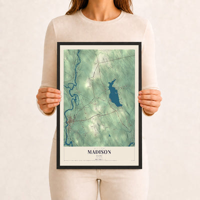 Madison, Maine map print - 12 x 18 black Ayous wood frame