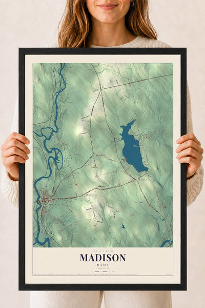 Madison, Maine map print - 18 x 24 black Ayous wood frame