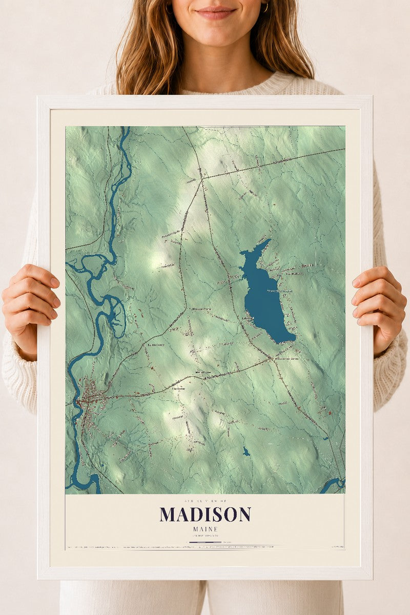 Madison, Maine map print - 18 x 24 white Ayous wood frame