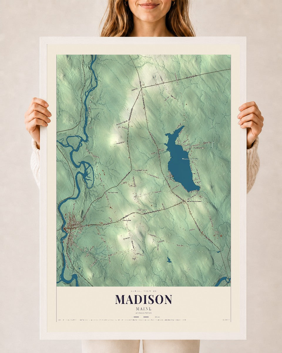 Madison, Maine map print - 24 x 36 white Ayous wood frame