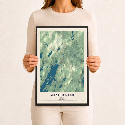 Manchester, Maine map print - 12 x 18 black Ayous wood frame