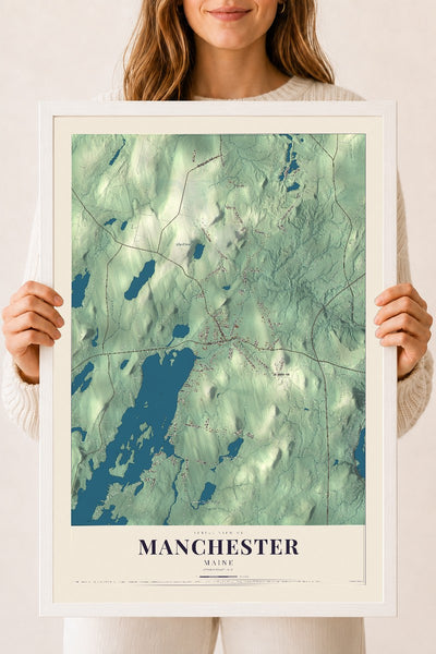 Manchester, Maine map print - 18 x 24 white Ayous wood frame