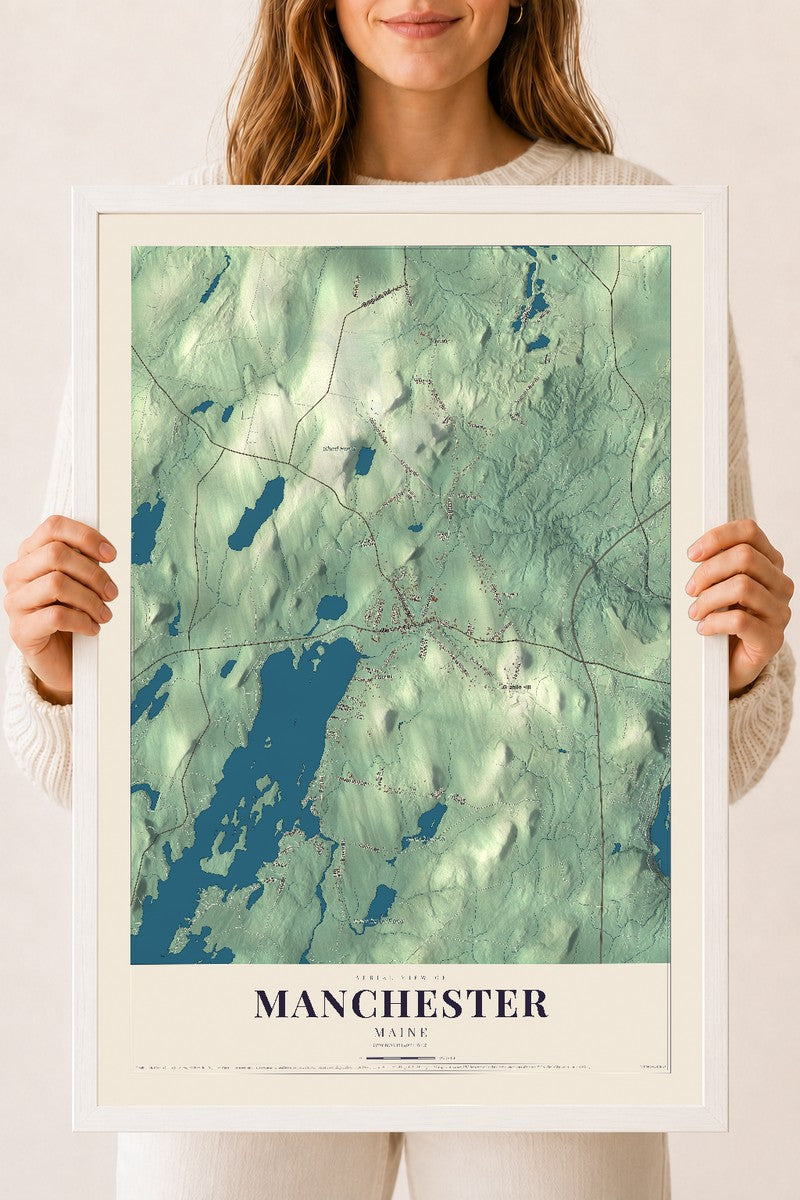 Manchester, Maine map print - 18 x 24 white Ayous wood frame