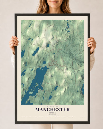 Manchester, Maine map print - 24 x 36 black Ayous wood frame