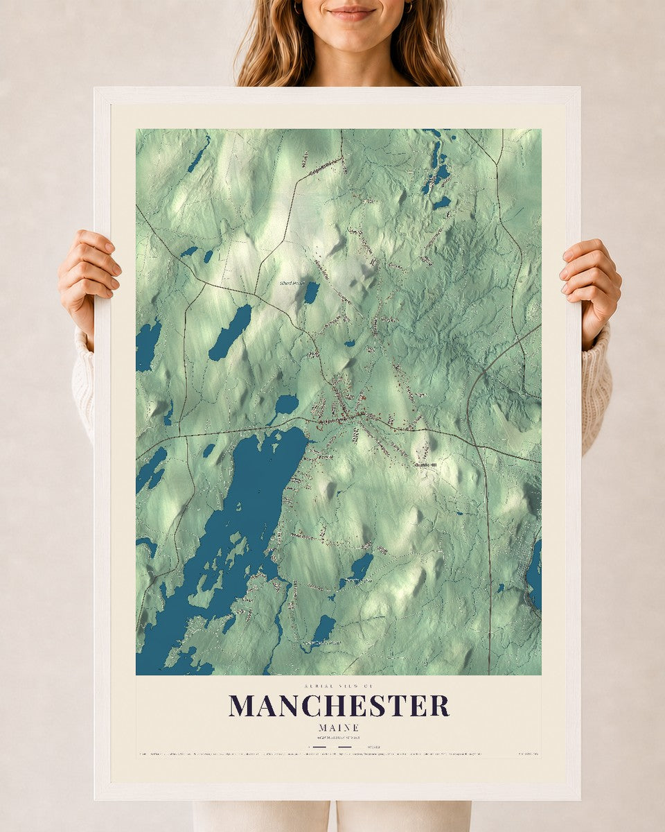 Manchester, Maine map print - 24 x 36 white Ayous wood frame
