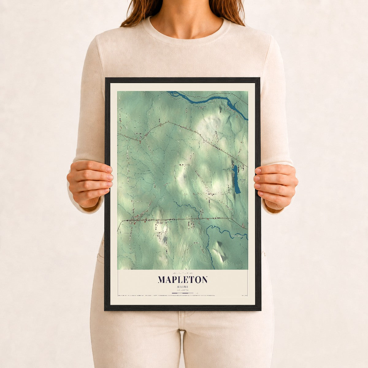 Mapleton, Maine map print - 12 x 18 black Ayous wood frame