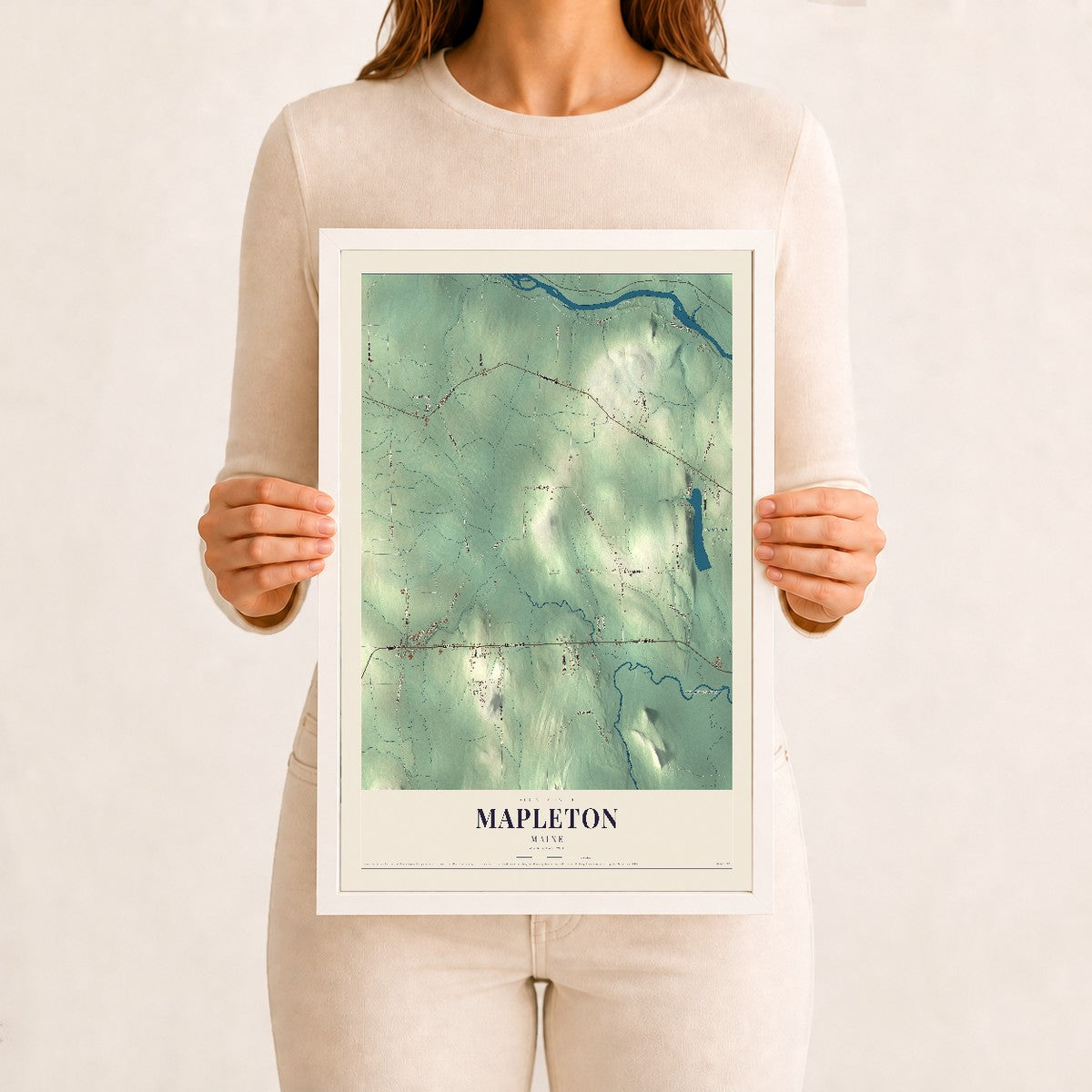 Mapleton, Maine map print - 12 x 18 white Ayous wood frame