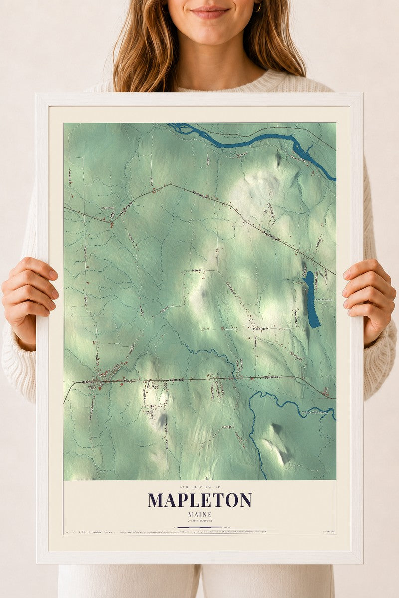 Mapleton, Maine map print - 18 x 24 white Ayous wood frame
