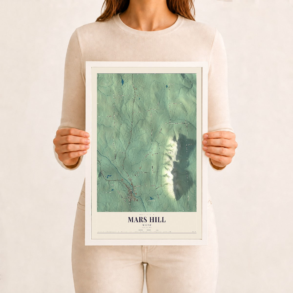 Mars Hill, Maine map print - 12 x 18 white Ayous wood frame