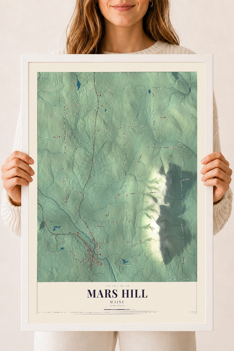 Mars Hill, Maine map print - 18 x 24 white Ayous wood frame