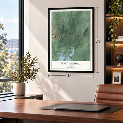 Mast Landing, Maine map, 18 x 24 inch print in a black frame in a home office