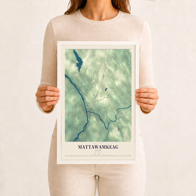 Mattawamkeag, Maine map print - 12 x 18 white Ayous wood frame