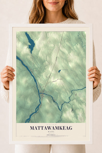Mattawamkeag, Maine map print - 18 x 24 white Ayous wood frame