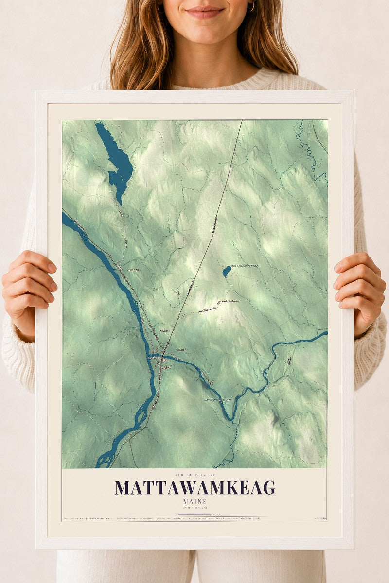 Mattawamkeag, Maine map print - 18 x 24 white Ayous wood frame