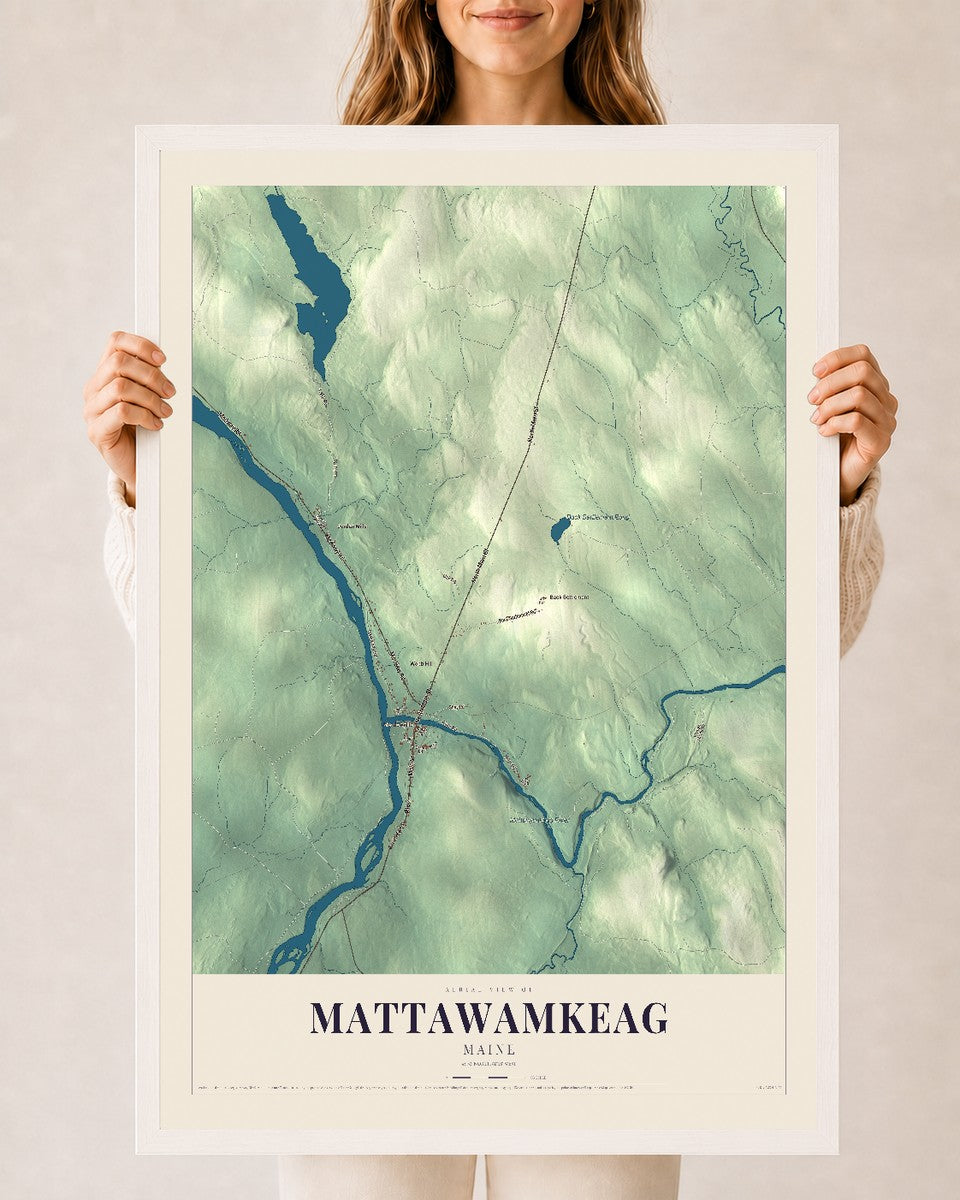 Mattawamkeag, Maine map print - 24 x 36 white Ayous wood frame
