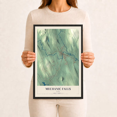 Mechanic Falls, Maine map print - 12 x 18 black Ayous wood frame
