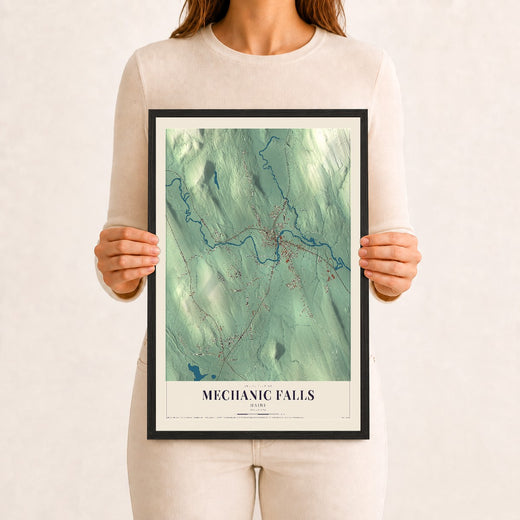 Map of Mechanic Falls, Maine, 12 x 18 inch print in a black wood frame