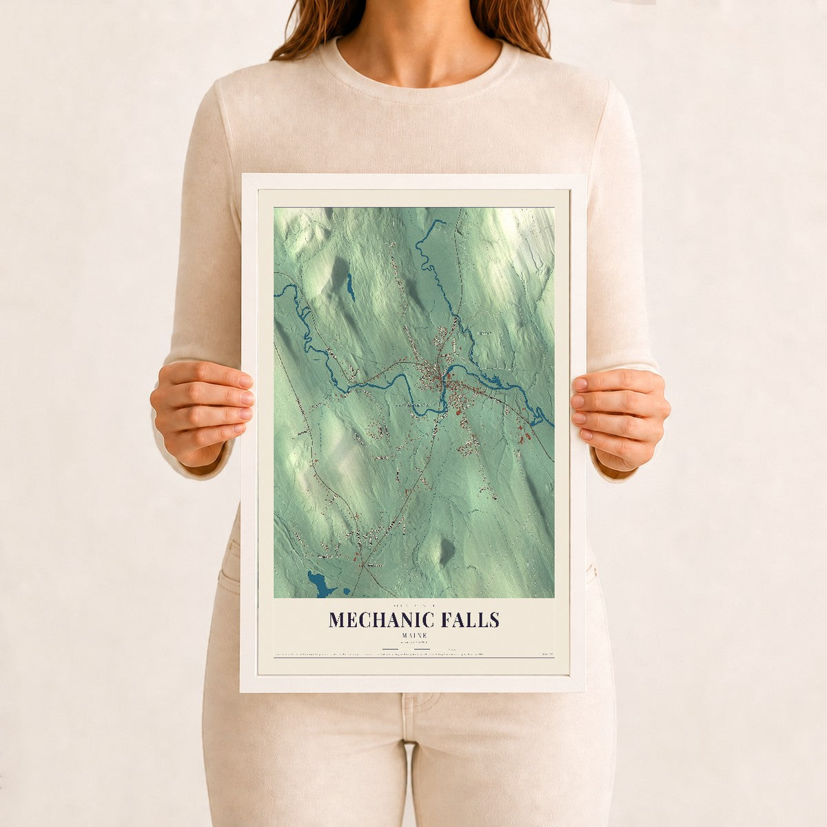 Mechanic Falls, Maine map print - 12 x 18 white Ayous wood frame