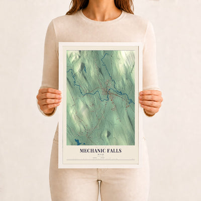Mechanic Falls, Maine map print - 12 x 18 white Ayous wood frame