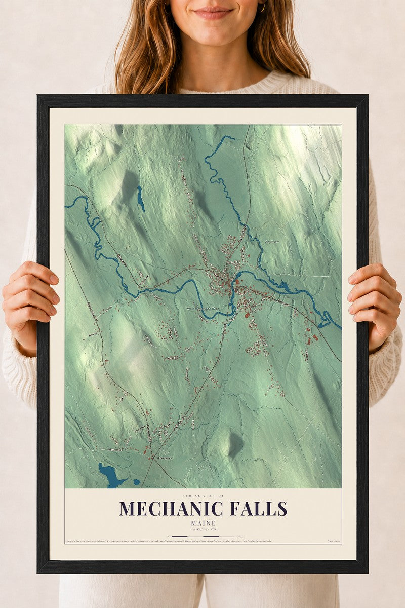 Mechanic Falls, Maine map print - 18 x 24 black Ayous wood frame