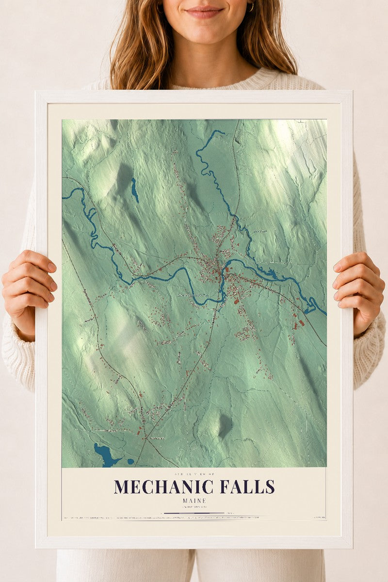 Mechanic Falls, Maine map print - 18 x 24 white Ayous wood frame