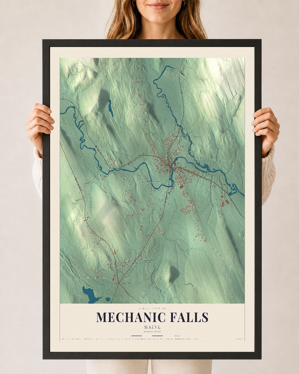 Mechanic Falls, Maine map print - 24 x 36 black Ayous wood frame
