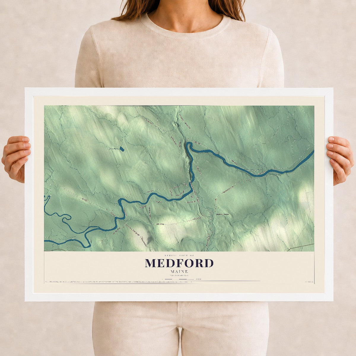 Medford, Maine map print - 12 x 18 white Ayous wood frame