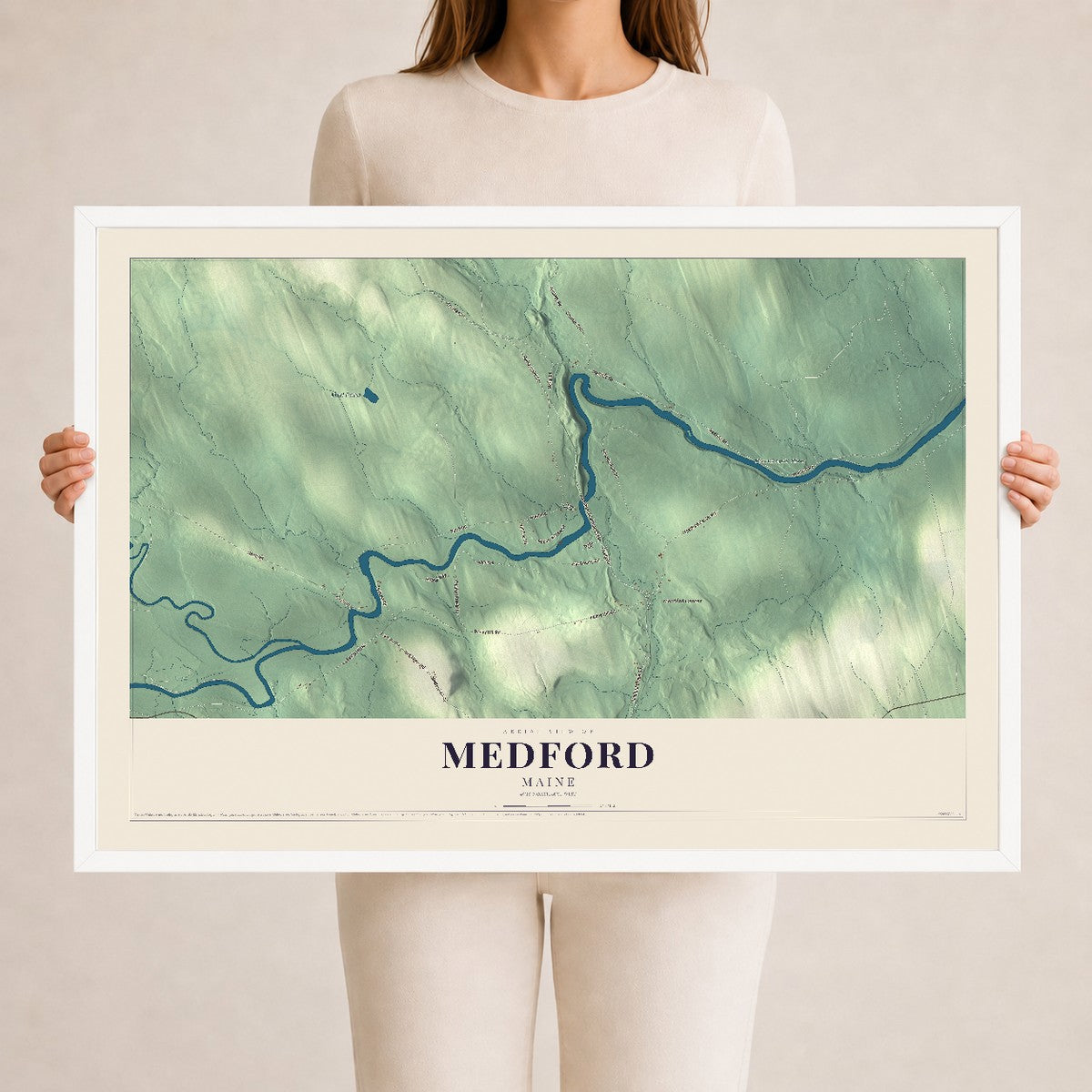 Medford, Maine map print - 24 x 36 white Ayous wood frame