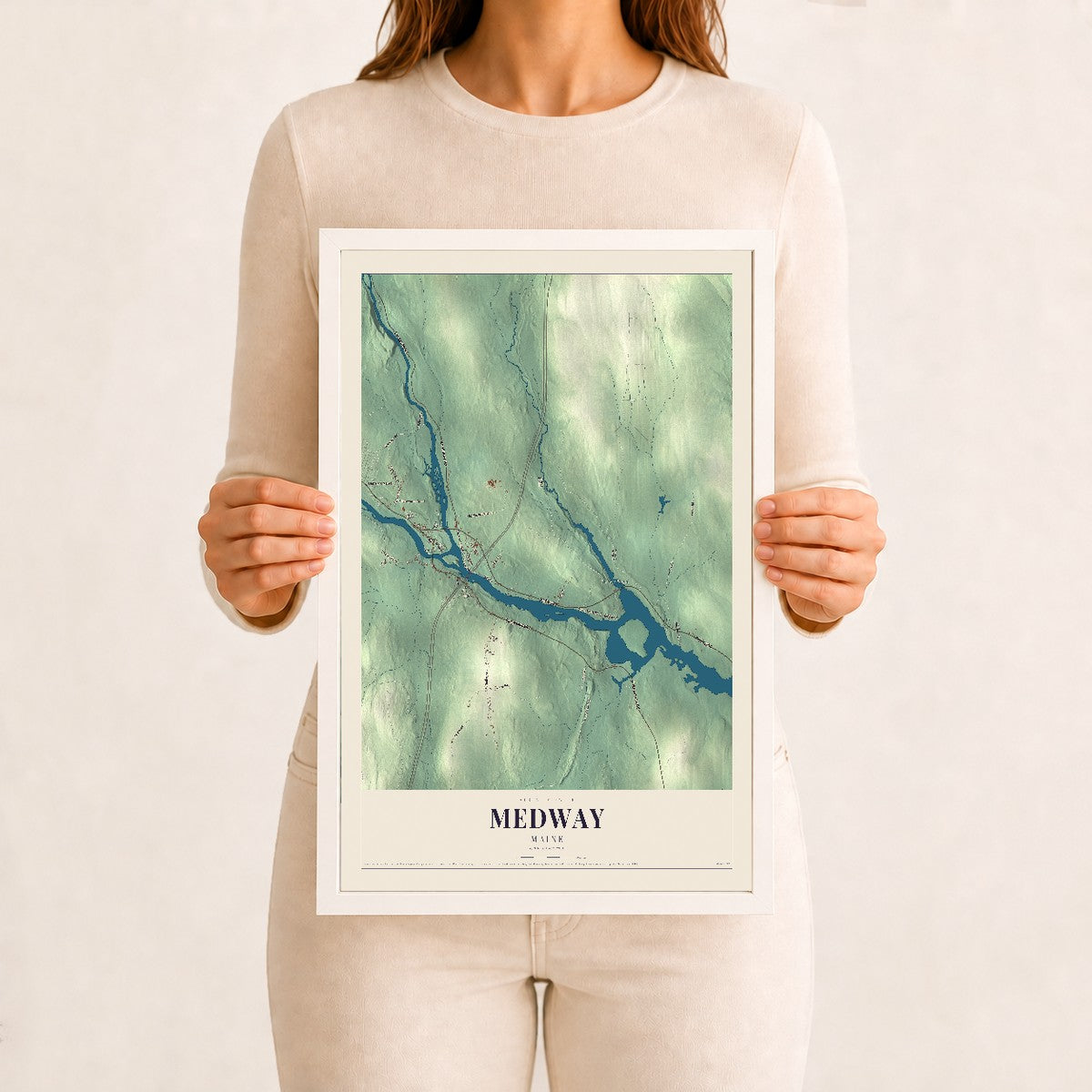 Medway, Maine map print - 12 x 18 white Ayous wood frame