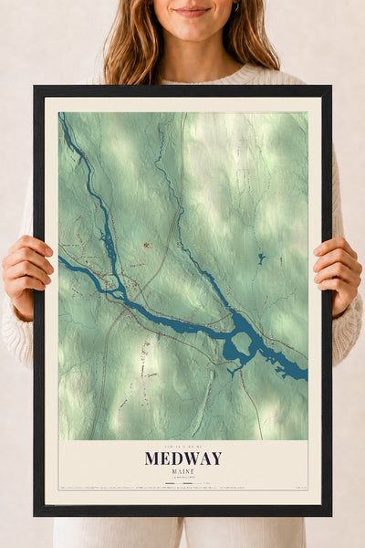 Medway, Maine map print - 18 x 24 black Ayous wood frame