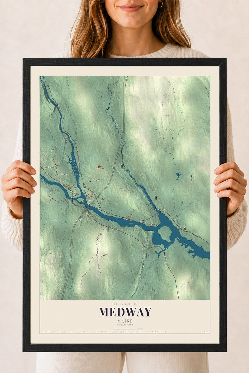 Medway, Maine map print - 18 x 24 black Ayous wood frame