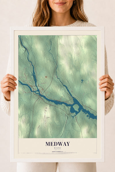 Medway, Maine map print - 18 x 24 white Ayous wood frame
