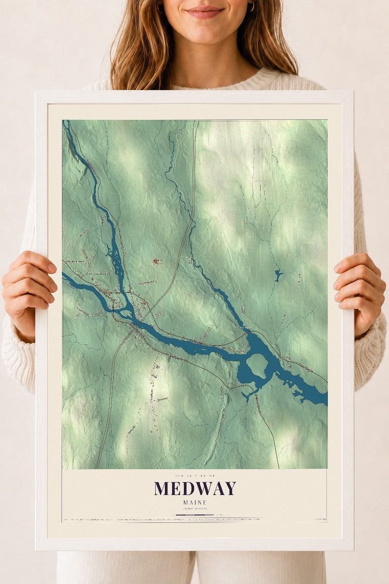 Medway, Maine map print - 18 x 24 white Ayous wood frame