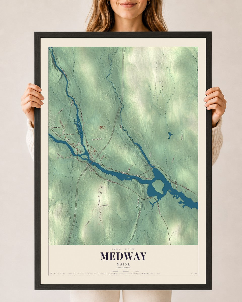 Medway, Maine map print - 24 x 36 black Ayous wood frame