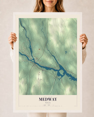 Medway, Maine map print - 24 x 36 white Ayous wood frame