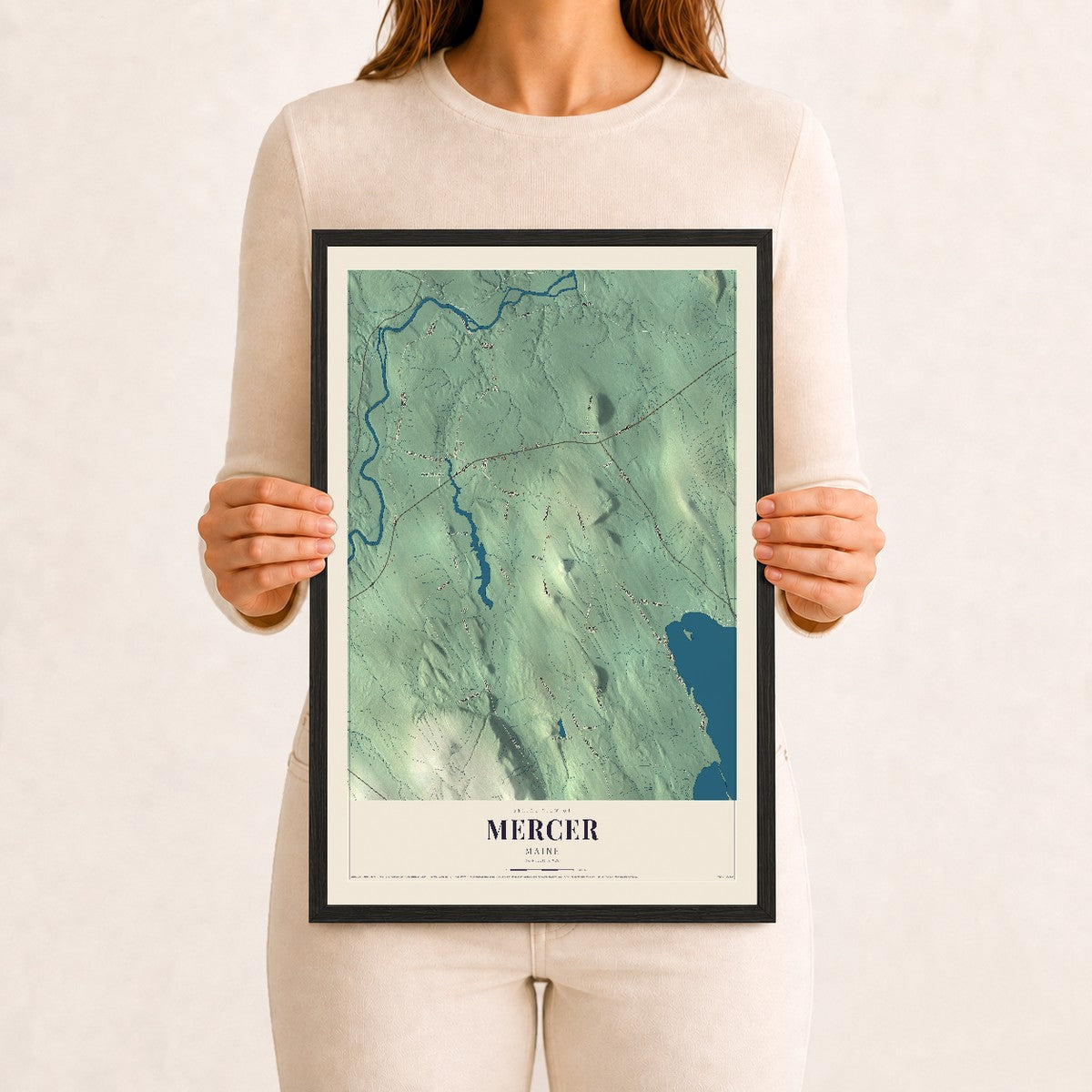 Mercer, Maine map print - 12 x 18 black Ayous wood frame