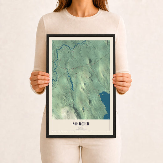 Map of Mercer, Maine, 12 x 18 inch print in a black wood frame