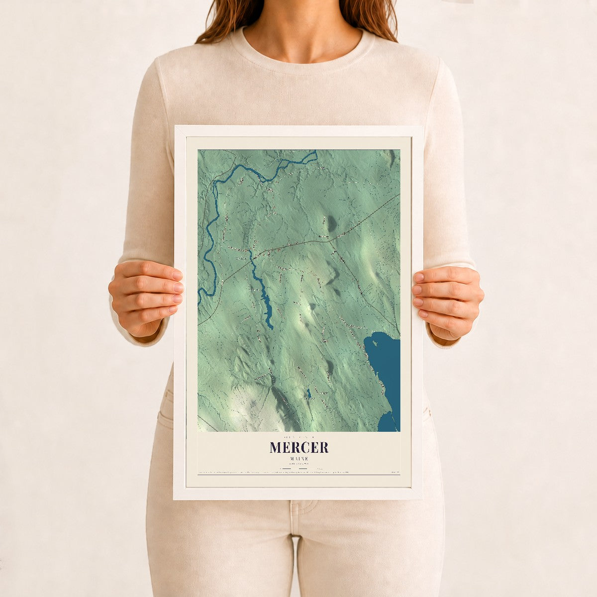 Mercer, Maine map print - 12 x 18 white Ayous wood frame