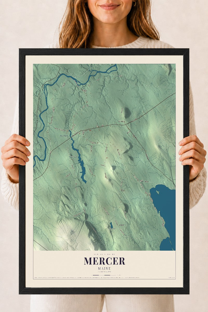 Mercer, Maine map print - 18 x 24 black Ayous wood frame