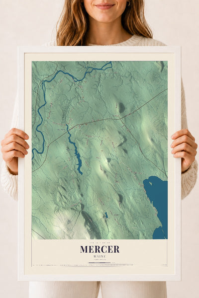 Mercer, Maine map print - 18 x 24 white Ayous wood frame