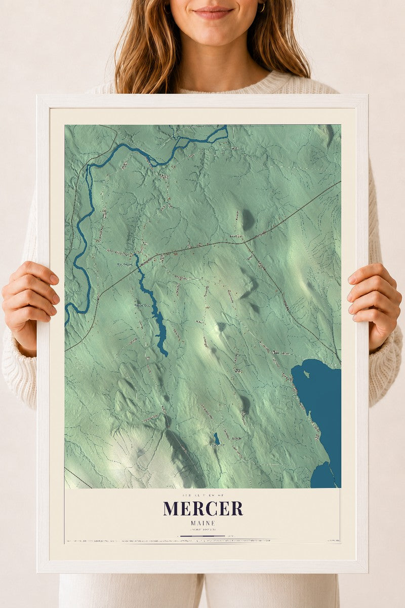 Mercer, Maine map print - 18 x 24 white Ayous wood frame