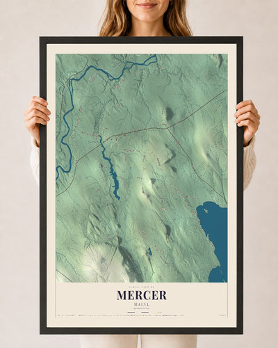 Mercer, Maine map print - 24 x 36 black Ayous wood frame