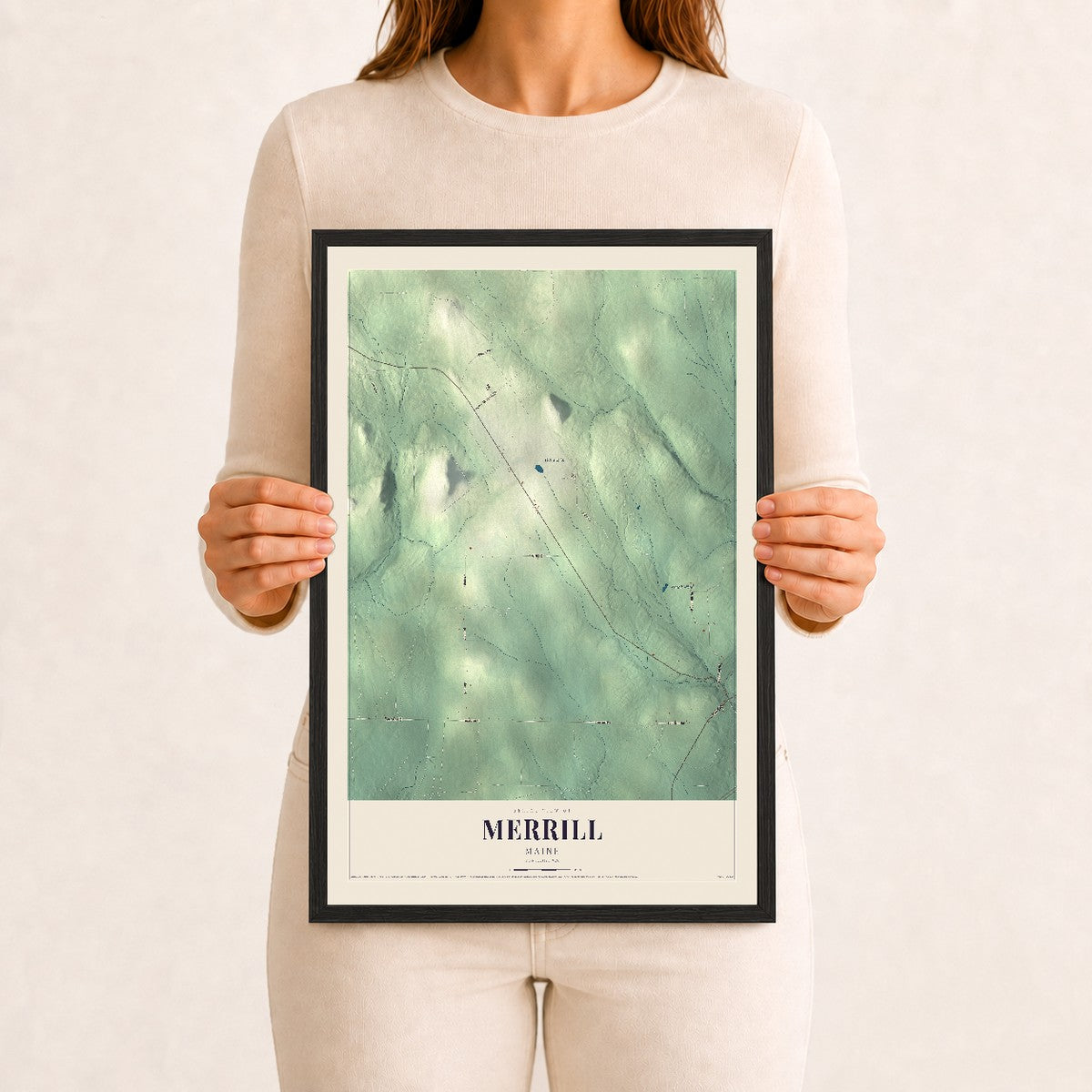Merrill, Maine map print - 12 x 18 black Ayous wood frame