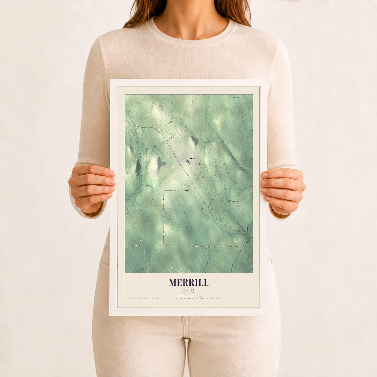 Merrill, Maine map print - 12 x 18 white Ayous wood frame